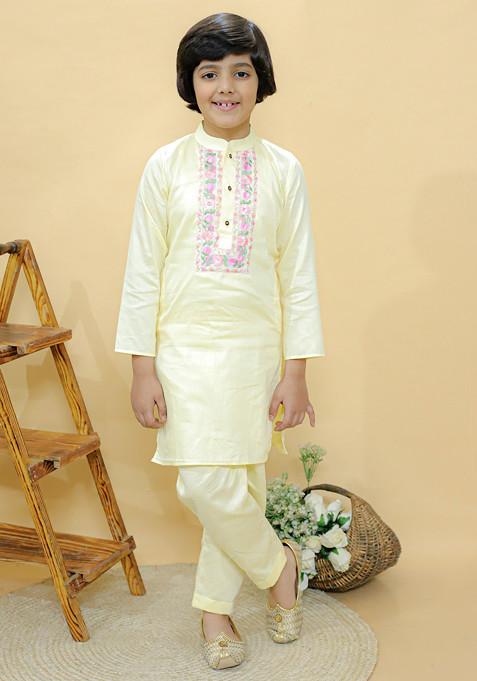 Pastel Yellow Embroidered Kurta With Pajama (Set of 2)