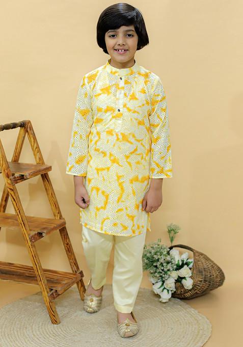 Pastel Yellow Embroidered Kurta With Pajama (Set of 2)