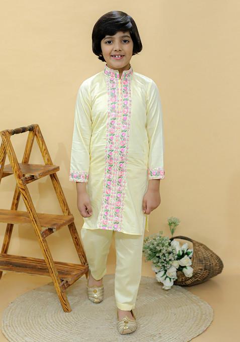 Pastel Yellow Embroidered Kurta With Pajama (Set of 2)