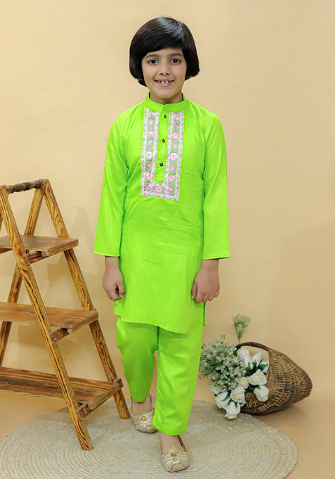 Lime Green Embroidered Kurta With Pajama (Set of 2)