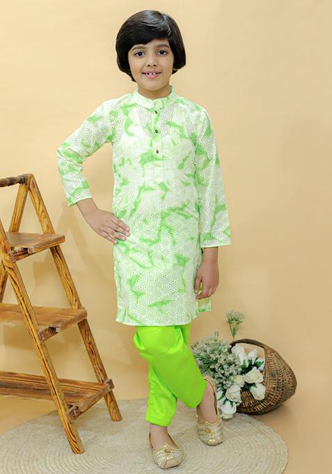 Green Tie And Dye Print Kurta With Pajama (Set of 2)