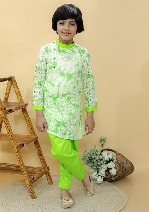 Green Tie And Dye Print Kurta With Pajama (Set of 2)