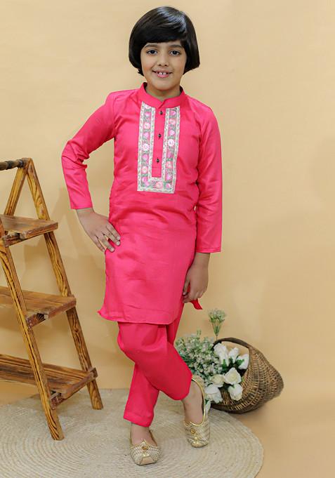 Pink Embroidered Kurta With Pants (Set of 2)