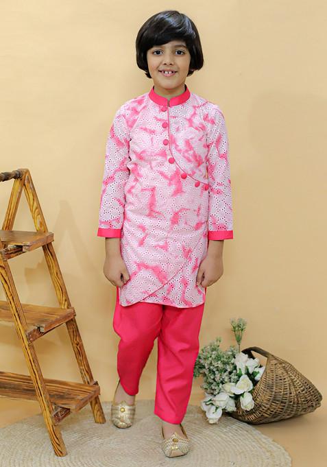 Pink Tie And Dye Print Kurta With Pants (Set of 2)