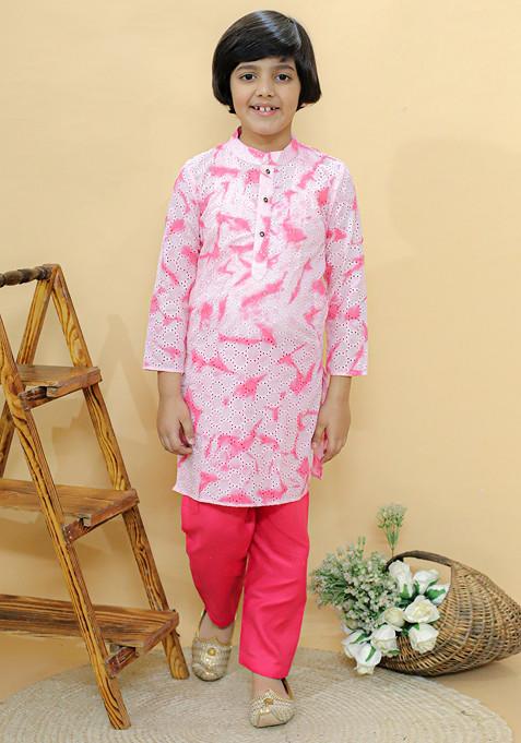 Pink Tie And Dye Print Kurta With Pants (Set of 2)