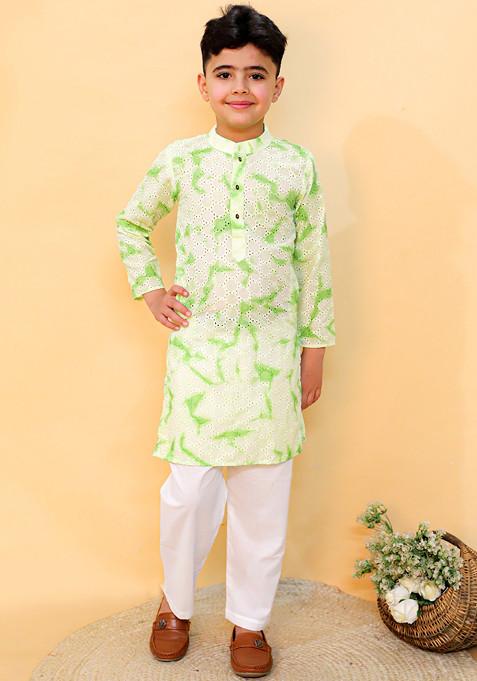 Green Tie And Dye Print Kurta With Pants (Set of 2)