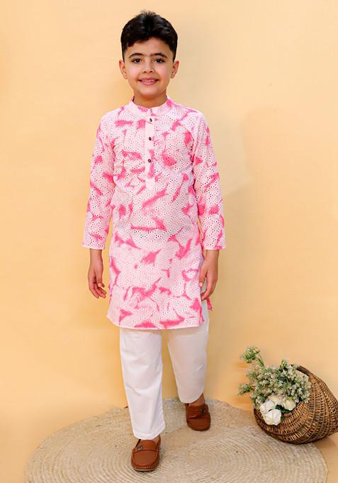 Pink Tie And Dye Print Kurta With Pants (Set of 2)