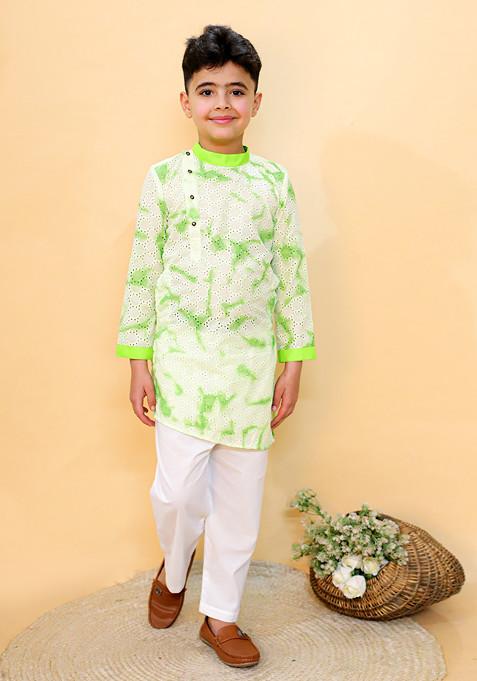 Green Tie And Dye Print Kurta With Pants (Set of 2)