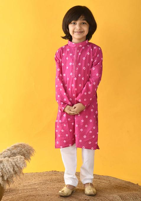 Pink Dye Bandhani Print Kurta With Pajama (Set of 2)