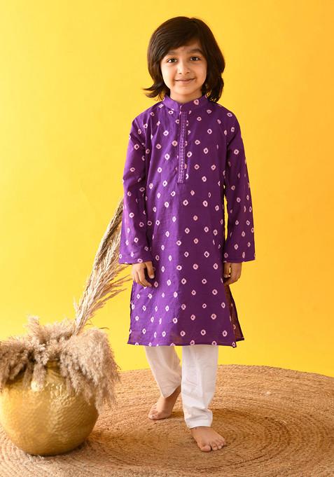 Purple Dye Bandhani Print Kurta With Pajama (Set of 2)