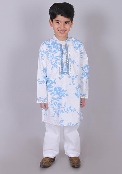 Blue Floral Print Kurta With Pajama (Set of 2)