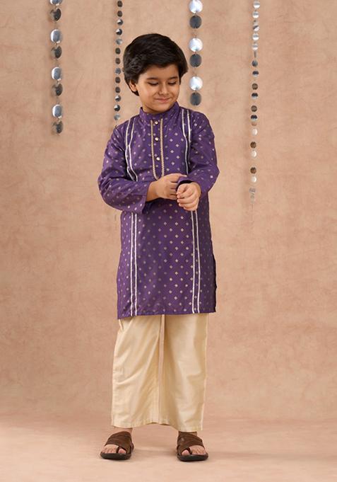 Purple Foil Print Kurta With Pajama (Set of 2)