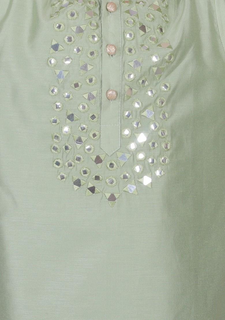 Sea Green Mirror Embroidered Kurta With Pajama (Set of 2)