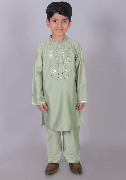 Sea Green Mirror Embroidered Kurta With Pajama (Set of 2)