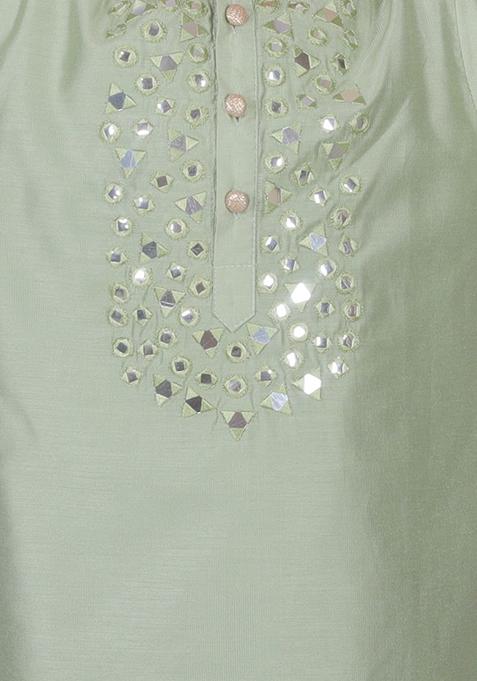 Sea Green Mirror Embroidered Kurta With Pajama (Set of 2)