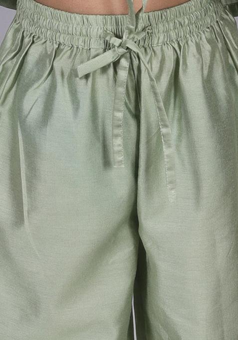 Sea Green Mirror Embroidered Kurta With Pajama (Set of 2)