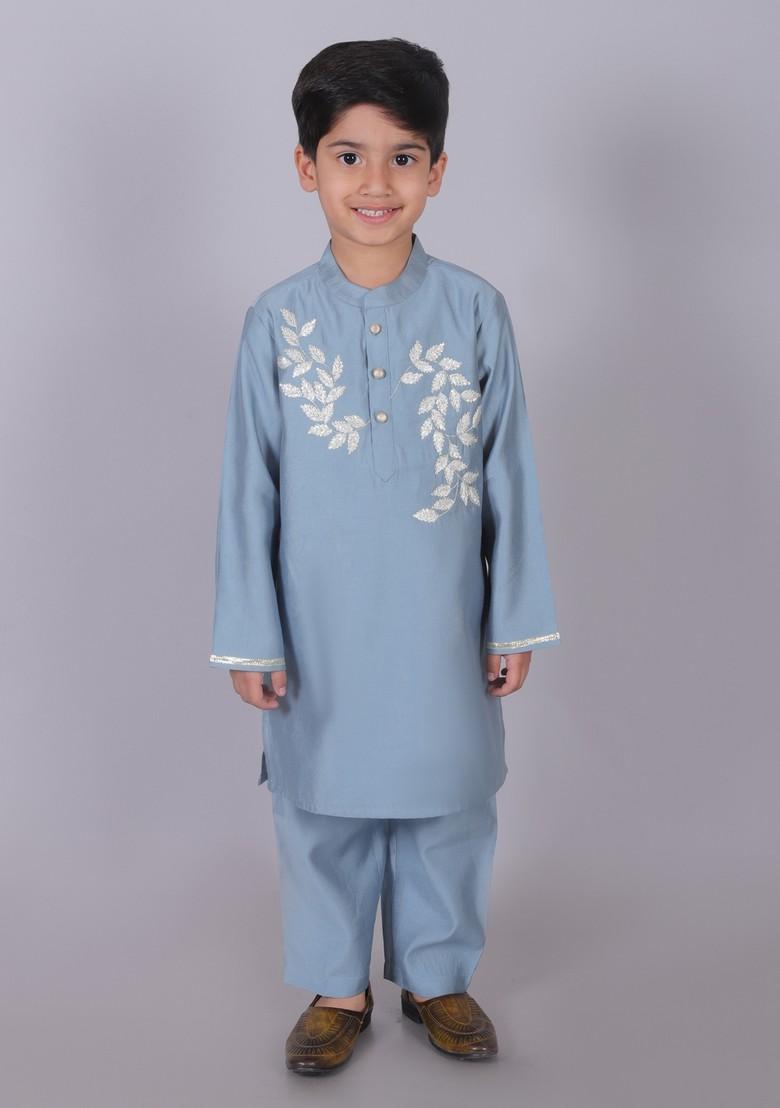 Blue Floral Embroidered Kurta With Pajama (Set of 2)