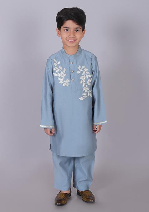 Blue Floral Embroidered Kurta With Pajama (Set of 2)