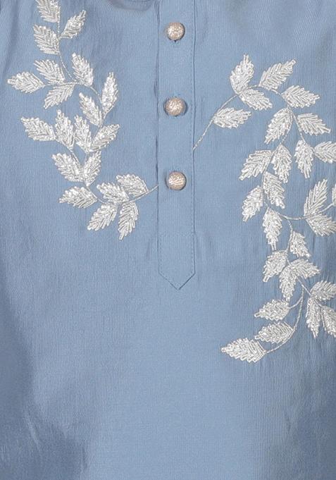 Blue Floral Embroidered Kurta With Pajama (Set of 2)