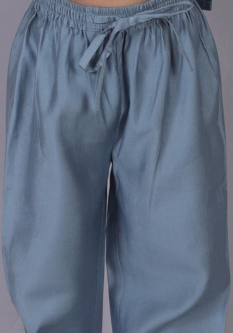 Blue Floral Embroidered Kurta With Pajama (Set of 2)