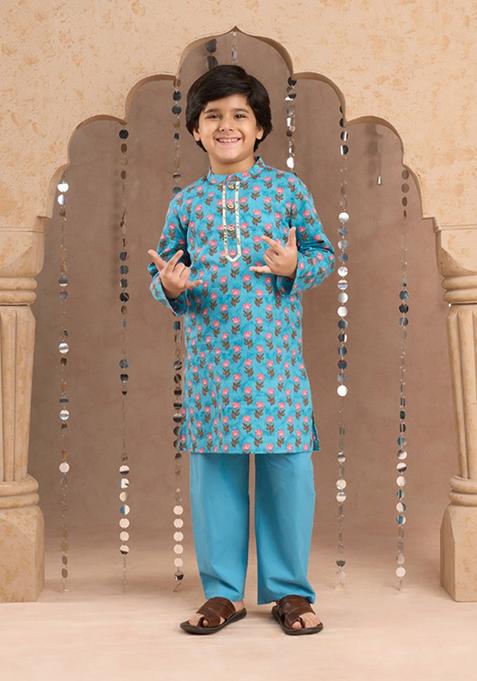 Blue Jaipuri Print Kurta With Pajama (Set of 2)