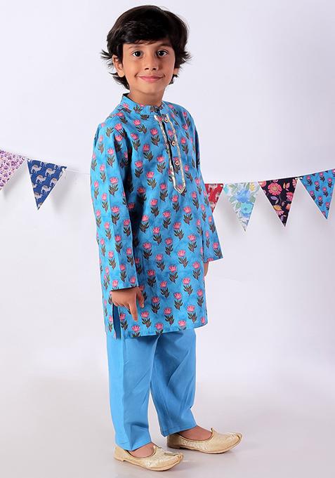 Blue Jaipuri Print Kurta With Pajama (Set of 2)