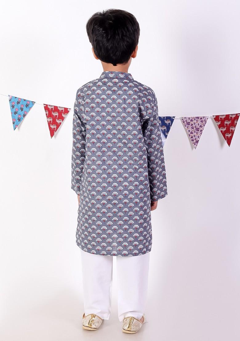 Grey Jaipuri Print Kurta With Pajama (Set of 2)
