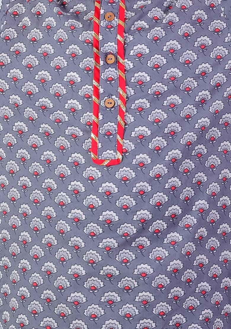 Grey Jaipuri Print Kurta With Pajama (Set of 2)