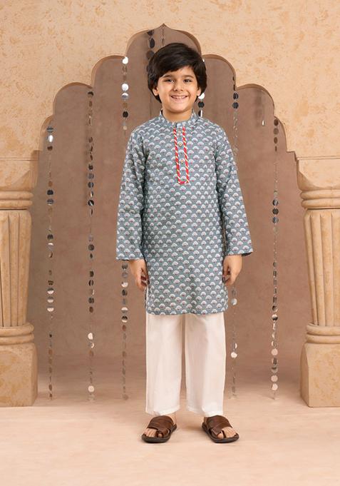 Grey Jaipuri Print Kurta With Pajama (Set of 2)