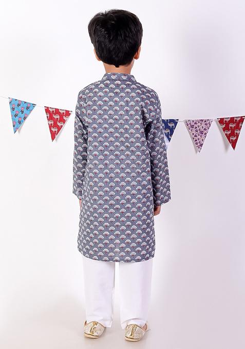 Grey Jaipuri Print Kurta With Pajama (Set of 2)