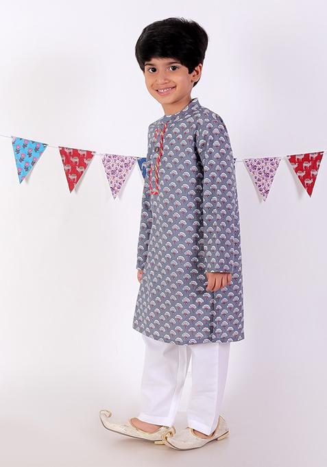Grey Jaipuri Print Kurta With Pajama (Set of 2)