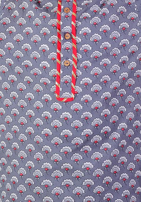 Grey Jaipuri Print Kurta With Pajama (Set of 2)