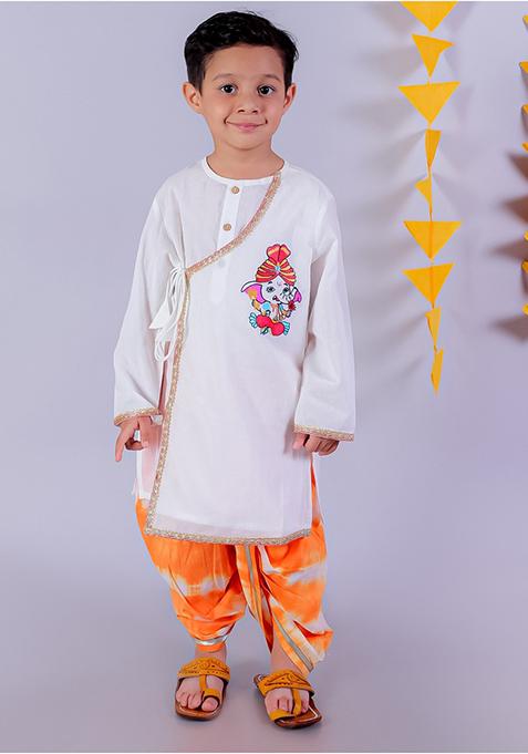 Orange And White Tie And Dye Print Kurta With Dhoti Pants (Set of 2)