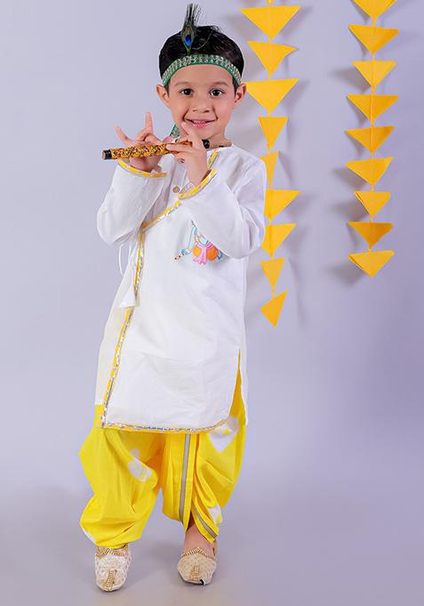 Yellow And White Tie And Dye Print Kurta With Dhoti Pants (Set of 2)