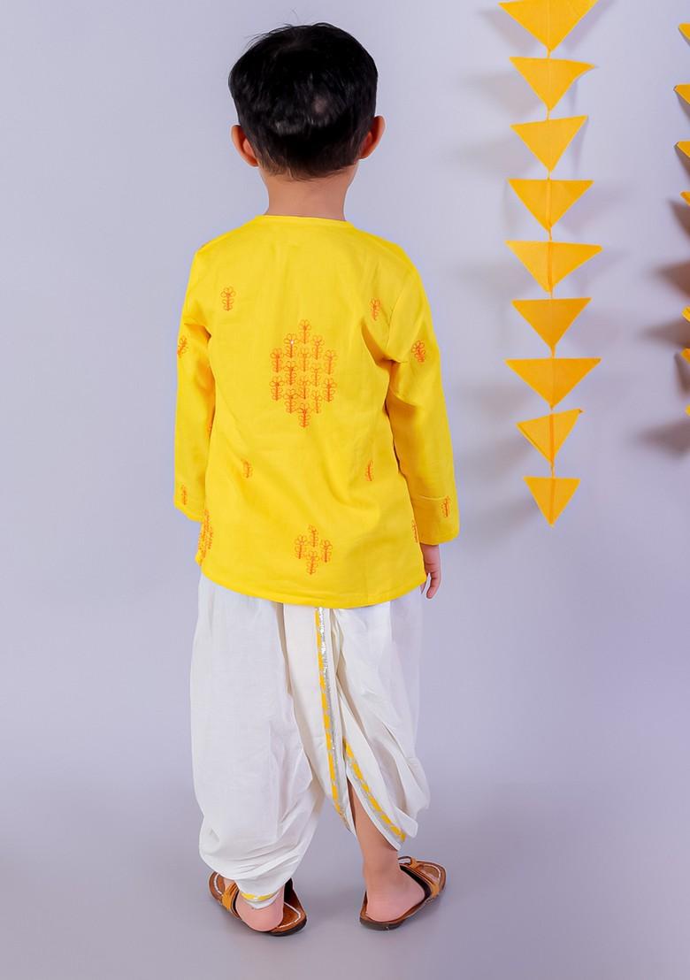 Yellow And White Embroidered Kurta With Dhoti Pants (Set of 2)