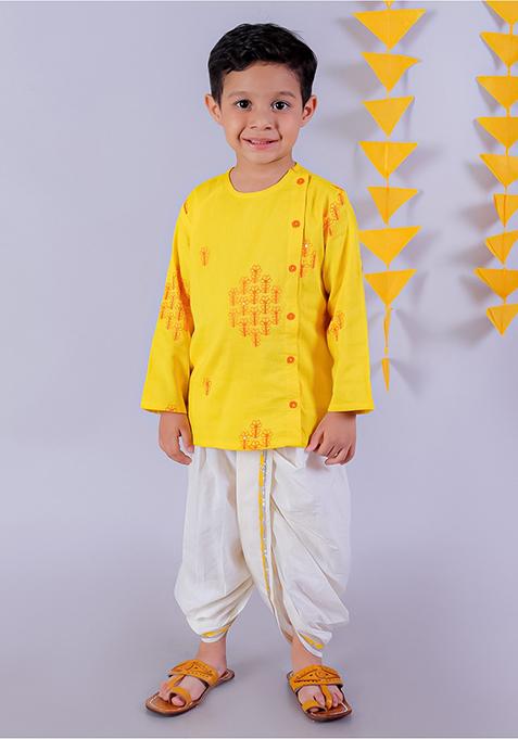 Yellow And White Embroidered Kurta With Dhoti Pants (Set of 2)