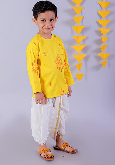 Yellow And White Embroidered Kurta With Dhoti Pants (Set of 2)