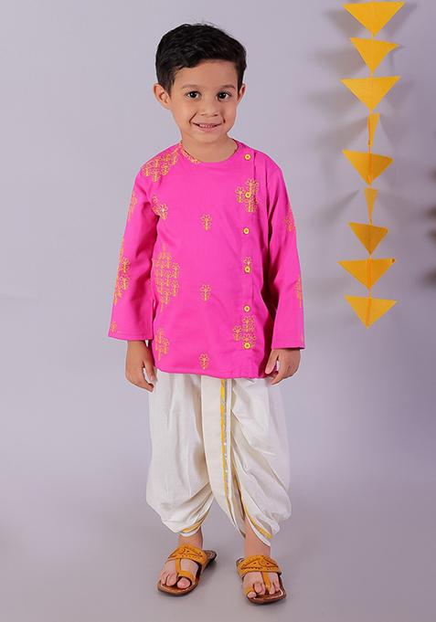 Pink And White Embroidered Kurta With Dhoti Pants (Set of 2)