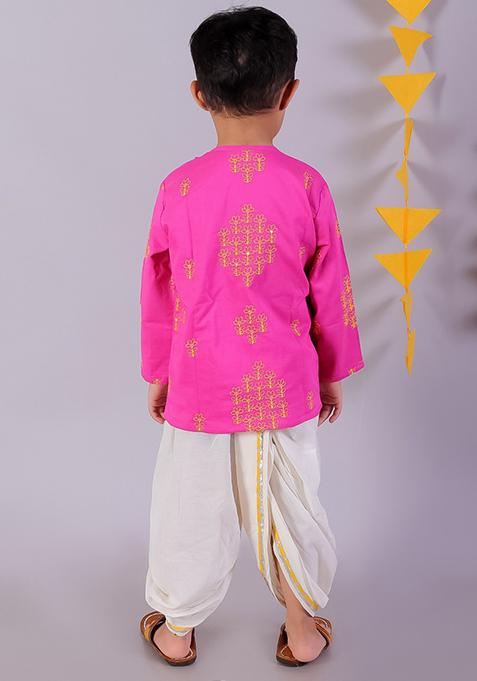 Pink And White Embroidered Kurta With Dhoti Pants (Set of 2)