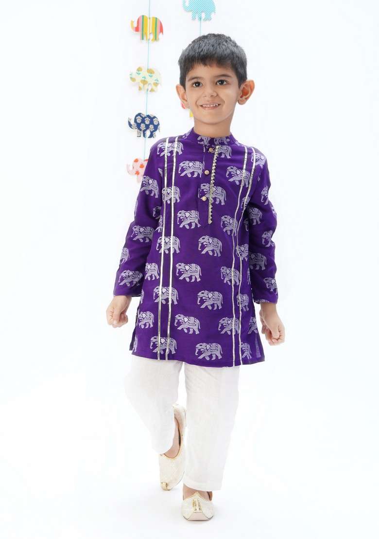 Purple Block Print Kurta With Pants (Set of 2) - Indya