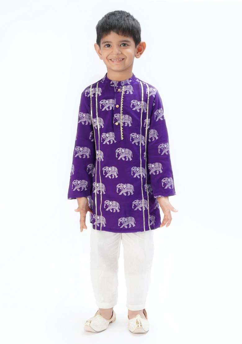 Purple Block Print Kurta With Pants (Set of 2) - Indya