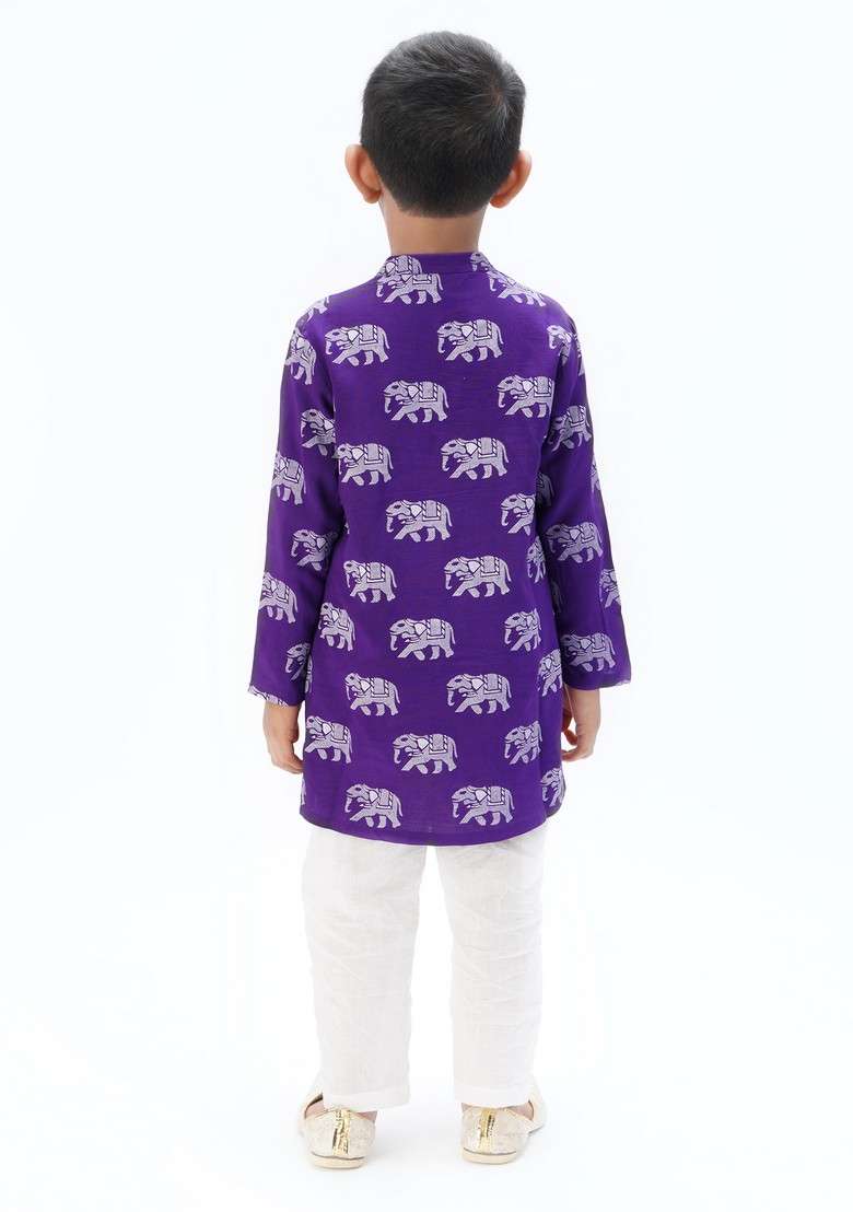Purple Block Print Kurta With Pants (Set of 2) - Indya