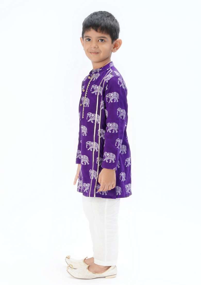 Purple Block Print Kurta With Pants (Set of 2) - Indya