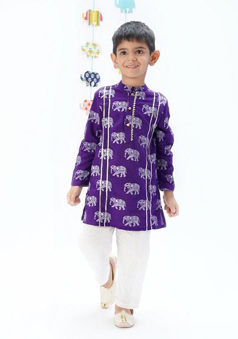 Purple Block Print Kurta With Pants (Set of 2)