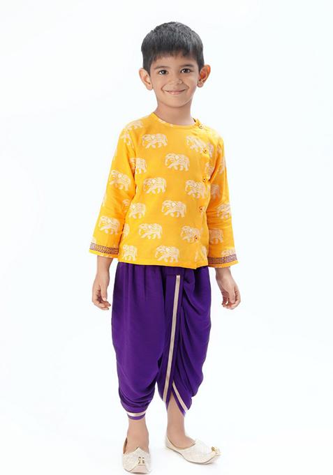 Yellow Block Print Kurta With Dhoti Pants (Set of 2)