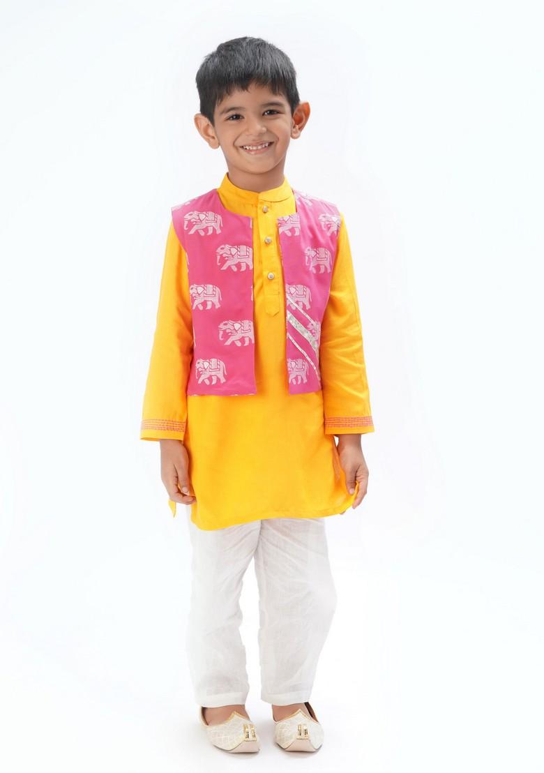 Yellow Block Print Embroidered Jacket With Kurta And Pants (Set of 3)