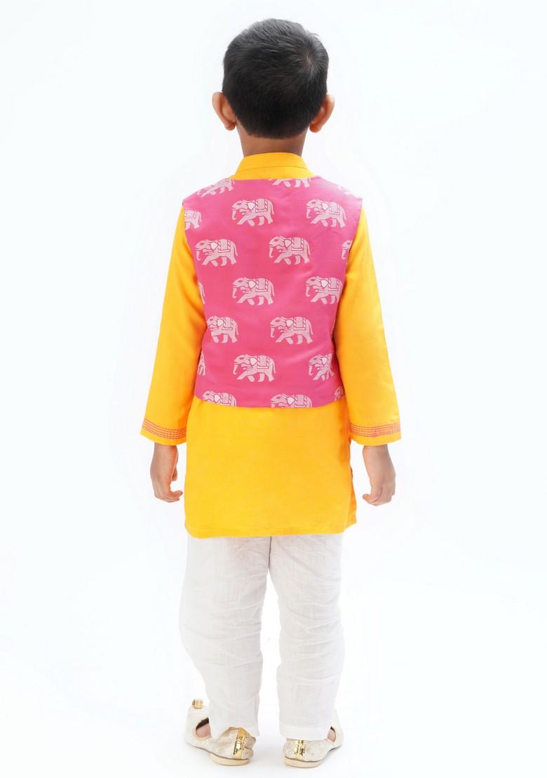 Yellow Block Print Embroidered Jacket With Kurta And Pants (Set of 3)
