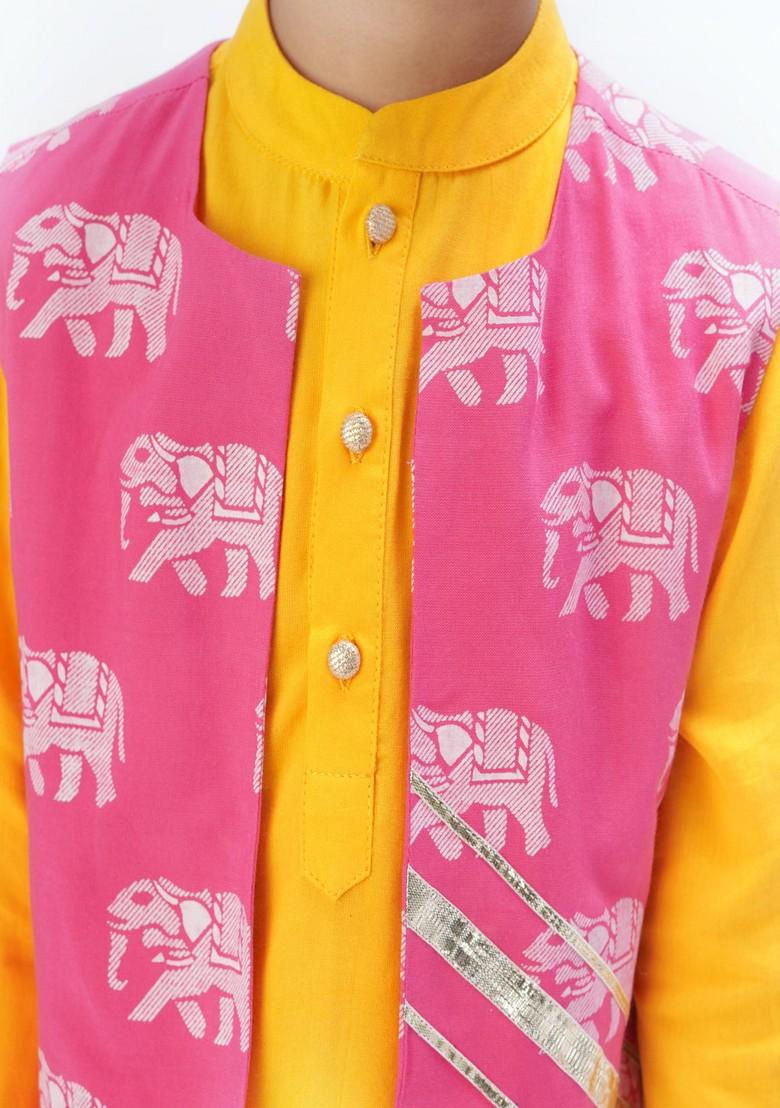 Yellow Block Print Embroidered Jacket With Kurta And Pants (Set of 3)