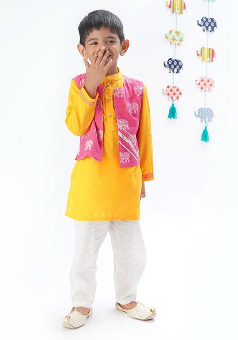 Yellow Block Print Embroidered Jacket With Kurta And Pants (Set of 3)