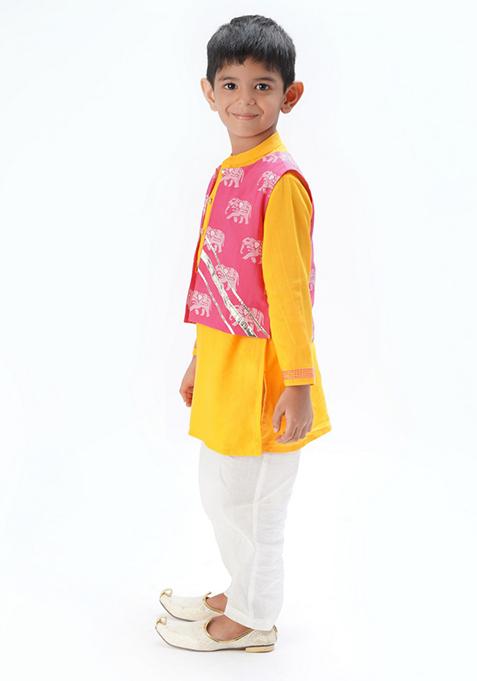 Yellow Block Print Embroidered Jacket With Kurta And Pants (Set of 3)